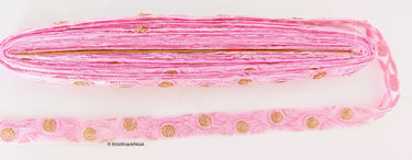 Pink Net Lace Trim In Floral Embroidery And Glitter Gold Sequins, , Wedding Trims